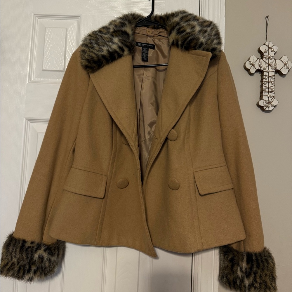 INC International Concepts SM Jacket Camel Wool Y2K Vintage Leopard Fur Collar
